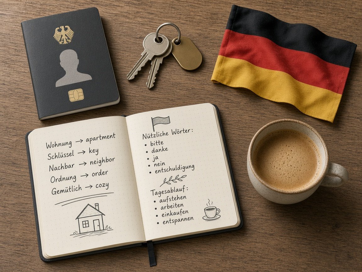 Illustration von Ausweisdokument, Wohnungsschlüssel, deutscher Flagge und einem Vokabelheft als Sinnbild für das Ankommen in Deutschland